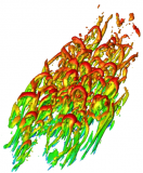 Turbulent spot visualized by iso-surface of swirling strength colored by free stream velocity. Swirling strength Flow is from bottom left to top right. Notice the overall arrowhead shape as well as the intricate forest of hairpin (hooks and legs) coherent structure. Even though turbulence is chaotic, there is still order within it. 