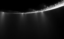 Images taken by the Cassini spacecraft of the south polar plume of Enceladus. Note that the visible plume is the ice grains