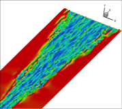 Turbulent wedge visualized by iso-surface of streamwise velocity colored by distance from the bottom wall. Low speed streaks (streaks that juts away from the wall) can be observed. Low speed streaks is a probable link in the cycle of turbulence self-regeneration. If low-speed streaks can be controlled, then maybe we can control spreading of turbulence. 